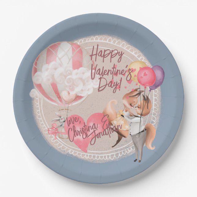 Assiettes En Carton Aquarelle romantique Valentine Love Foxes sur Blue (Devant)