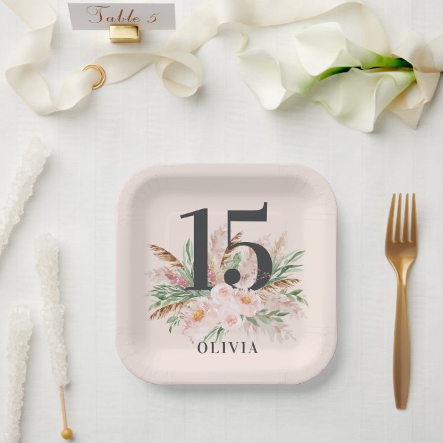 Assiettes En Carton Aquarelle rose âge floral élégant anniversaire (Mariage)