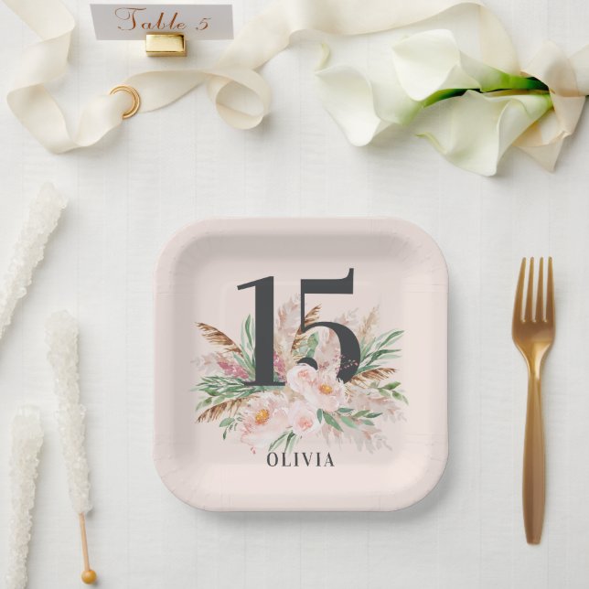 Assiettes En Carton Aquarelle rose âge floral élégant anniversaire (Mariage)
