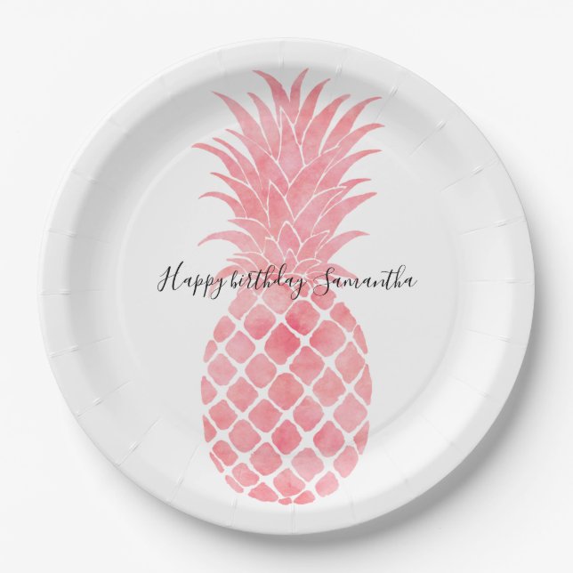 Assiettes En Carton Aquarelle rose Ananas tropical (Devant)
