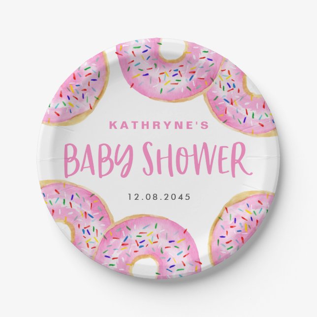 Assiettes En Carton Aquarelle rose arroser Baby shower de beignes (Devant)