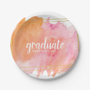 Assiettes En Carton Aquarelle rose avec Plaques de fin de graduation o
