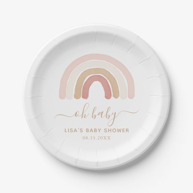 Assiettes En Carton Aquarelle rose Baby shower arc-en-ciel (Devant)