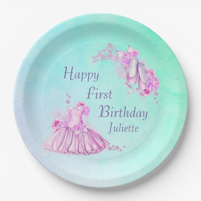 Assiettes En Carton Aquarelle rose Ballet Princesse Anniversaire (Devant)