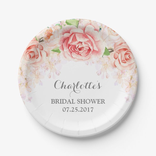 Assiettes En Carton Aquarelle rose blanc Fête des mariées florale (Devant)