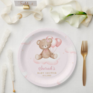 Assiettes En Carton Aquarelle rose Boho Teddy Bear Girl Baby shower