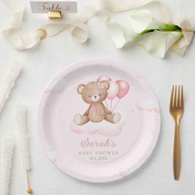 Assiettes En Carton Aquarelle rose Boho Teddy Bear Girl Baby shower (Mariage)