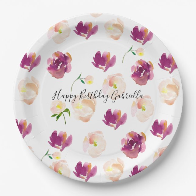 Assiettes En Carton Aquarelle rose Bourgogne Florale (Devant)