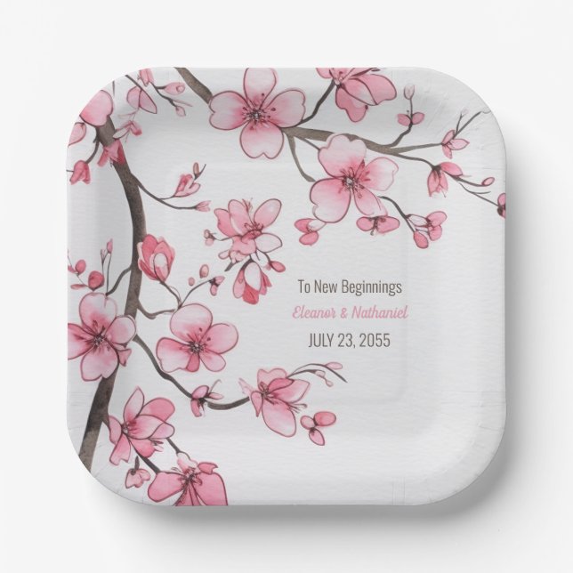 Assiettes En Carton Aquarelle rose cerisier Mariage floral (Recto)