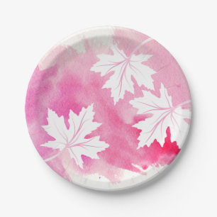 Assiettes En Carton Aquarelle rose chaud moderne et feuilles d'érable