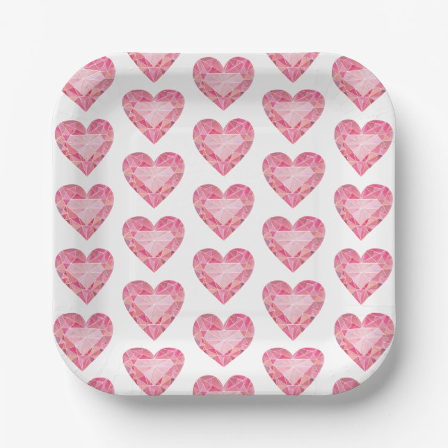 Assiettes En Carton Aquarelle rose Coeur Gem Glam Diamond Love (Recto)