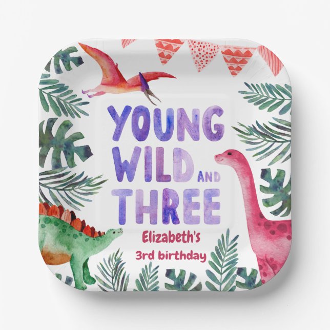 Assiettes En Carton Aquarelle rose Dinosaure Young Wild et Three  (Recto)