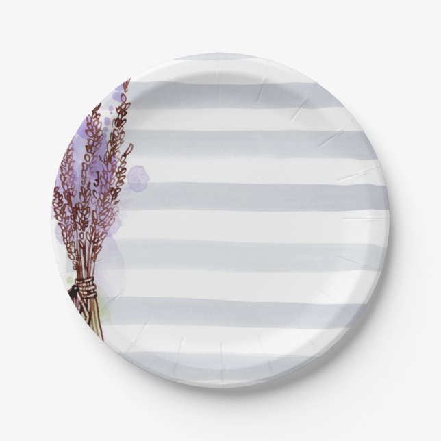 Assiettes En Carton Aquarelle rose et blanc rayures florales (Devant)