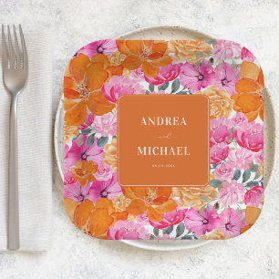 Assiettes En Carton Aquarelle rose et orange Floral Mariage été
