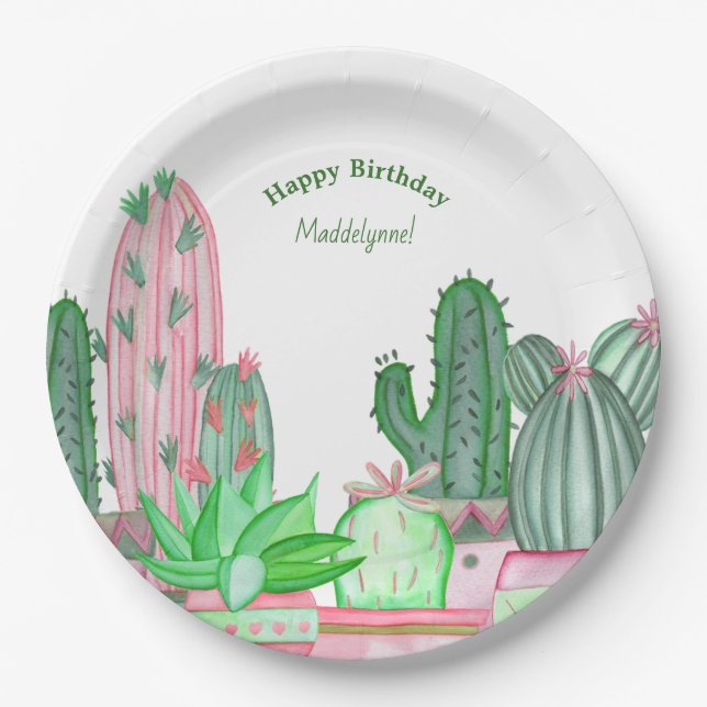 Assiettes En Carton Aquarelle rose et vert mignonne Cactus Anniversair (Devant)