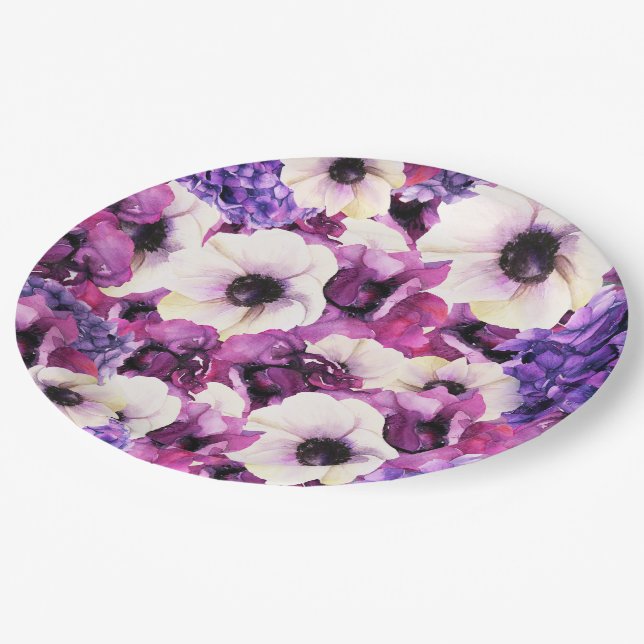 Assiettes En Carton Aquarelle rose et violet Fête des mariées florale (Angle)