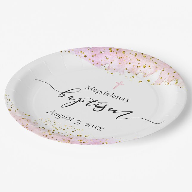 Assiettes En Carton aquarelle rose | faux or détails Baptême (Angle)