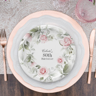 Assiettes En Carton Aquarelle rose féminine 80e anniversaire