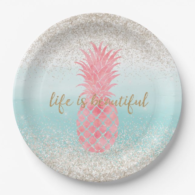 Assiettes En Carton Aquarelle rose Fille Ananas tropical (Devant)