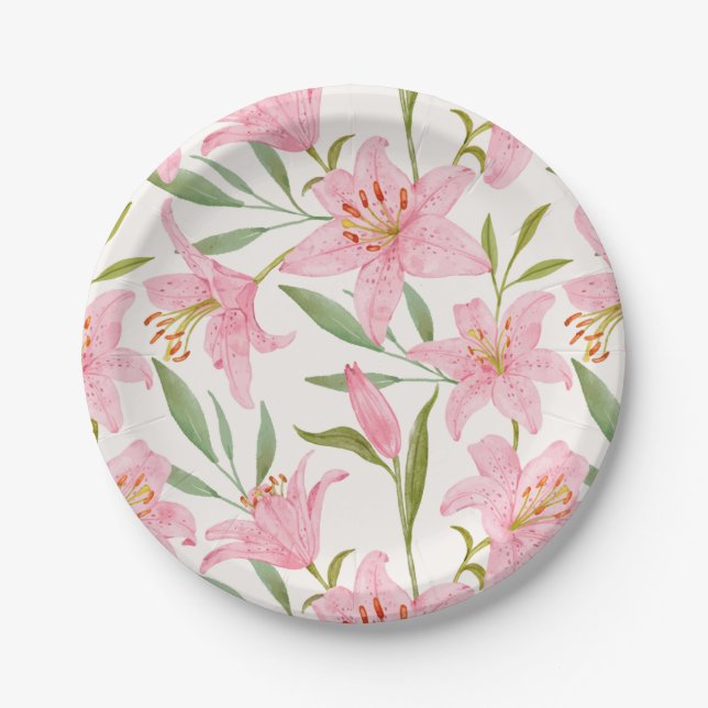 Assiettes En Carton Aquarelle rose Fleurs Lys Botanique (Devant)