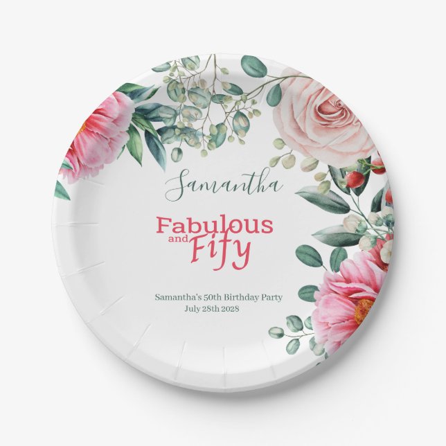Assiettes En Carton Aquarelle rose Floral 50e fête d'anniversaire (Devant)