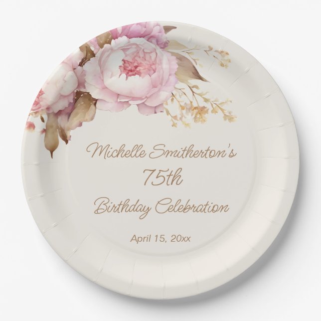 Assiettes En Carton Aquarelle rose Floral 75e anniversaire (Devant)