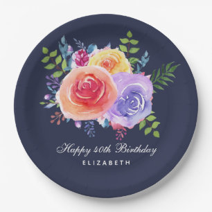 Assiettes En Carton Aquarelle Rose Floral Bouquet Anniversaire