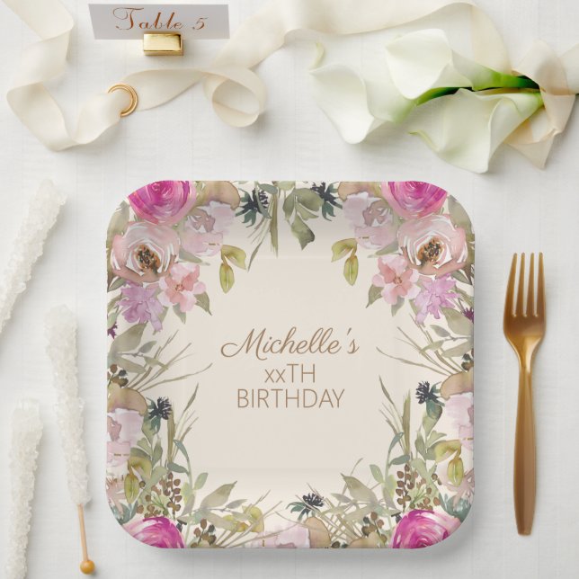 Assiettes En Carton Aquarelle rose Floral N'importe quel âge Anniversa (Mariage)