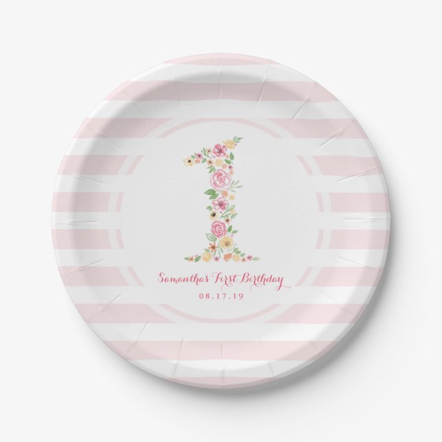 Assiettes En Carton Aquarelle rose Floral un premier anniversaire (Devant)