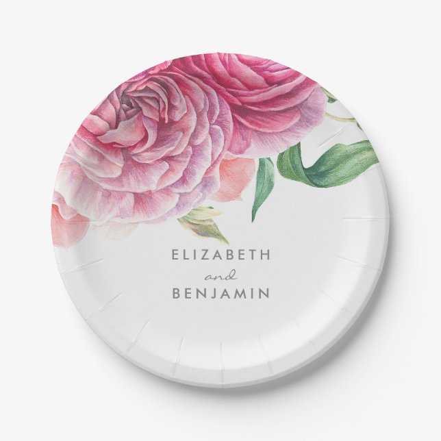 Assiettes En Carton Aquarelle rose florale Élégant Mariage botanique (Devant)