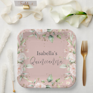 Assiettes En Carton Aquarelle rose florale Quinceañera Papier Pla