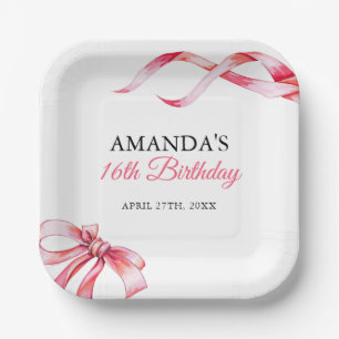 Assiettes En Carton Aquarelle rose Flow Ribbon Sweet 16 Anniversaire