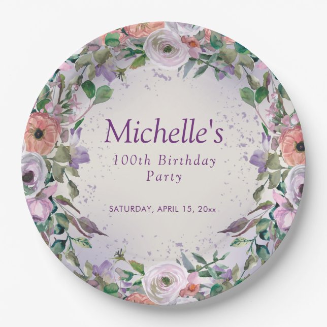 Assiettes En Carton Aquarelle rose Lilac pourpre Floral 100e anniversa (Devant)