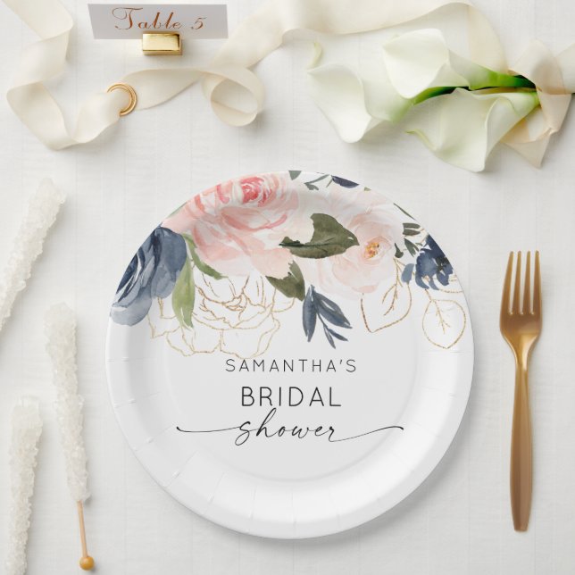 Assiettes En Carton Aquarelle rose marine Fête des mariées florale (Mariage)