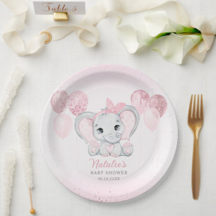 Assiettes En Carton Aquarelle rose mignonne Eléphant Baby shower fille