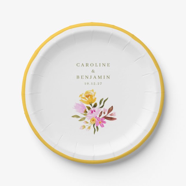 Assiettes En Carton Aquarelle rose moderne Floral Noms personnalisés M (Devant)