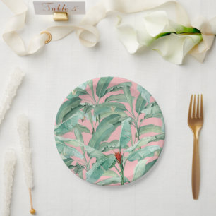 Assiettes En Carton Aquarelle rose moderne Tropical Banana Palm Feuill