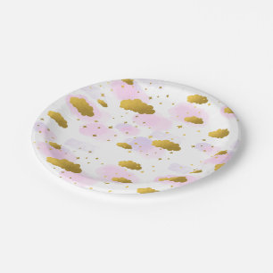 Assiettes En Carton Aquarelle rose Nuages Gold Stars Sky