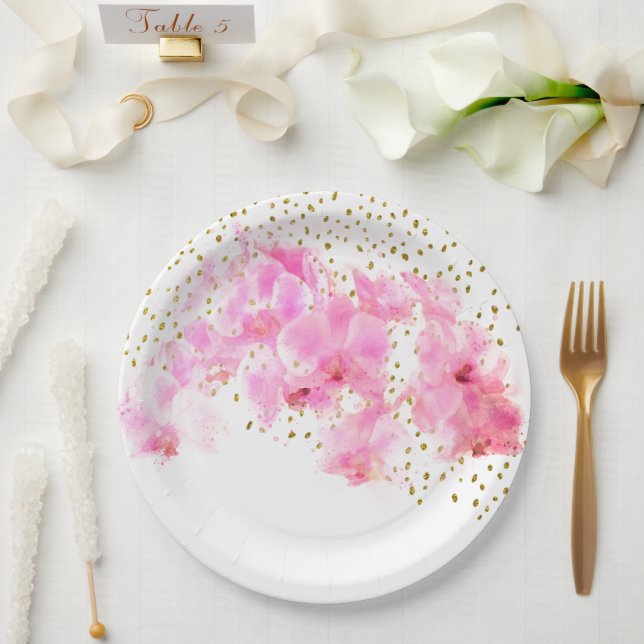 Assiettes En Carton Aquarelle rose orchidée Parties scintillant or (Mariage)
