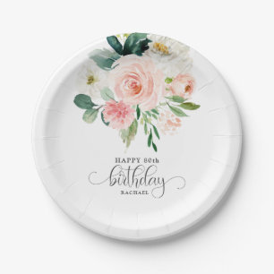 Assiettes En Carton Aquarelle rose pâle 80e anniversaire