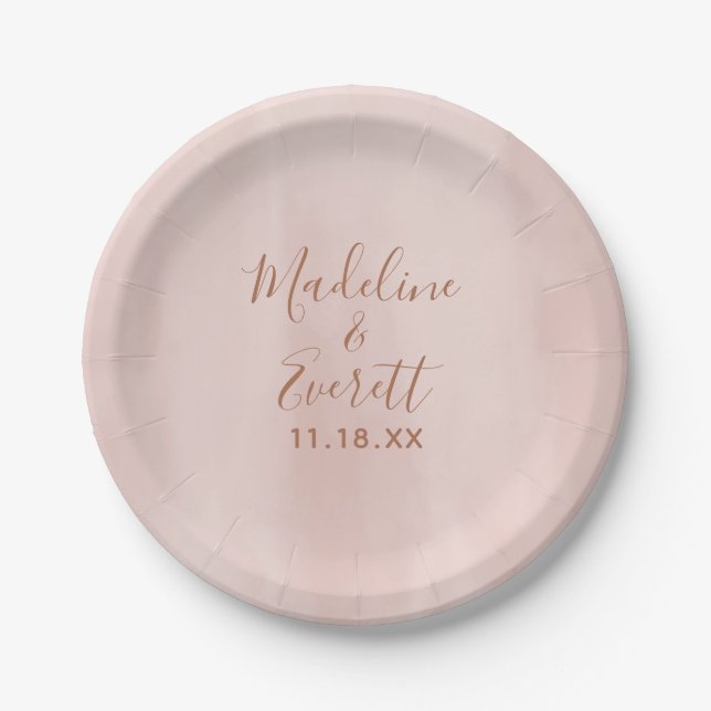 Assiettes En Carton Aquarelle rose pâle et Mariage or Rose (Devant)
