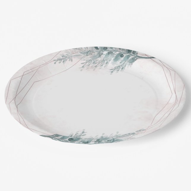 Assiettes En Carton Aquarelle rose pâle Mariage botanique géométrique (Angle)