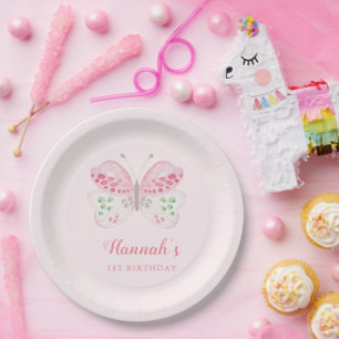 Assiettes En Carton Aquarelle rose papillon rose 1er anniversaire fête