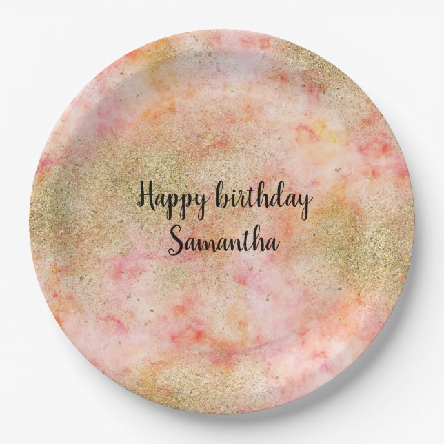 Assiettes En Carton Aquarelle rose Peachy Parties scintillant Gold Fau (Devant)
