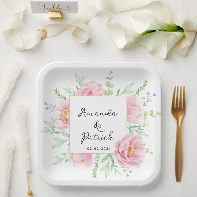 Assiettes En Carton Aquarelle rose Peony Fleurs de mariage (Mariage)