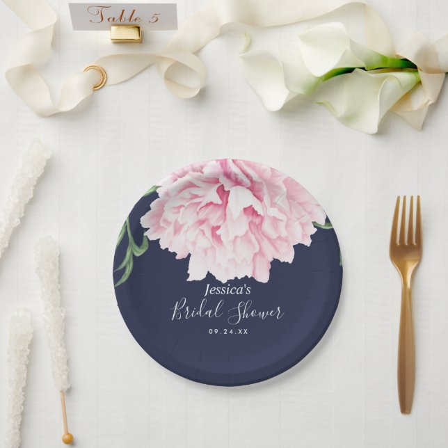 Assiettes En Carton Aquarelle rose Peony Floral Marine Fête des mariée (Mariage)