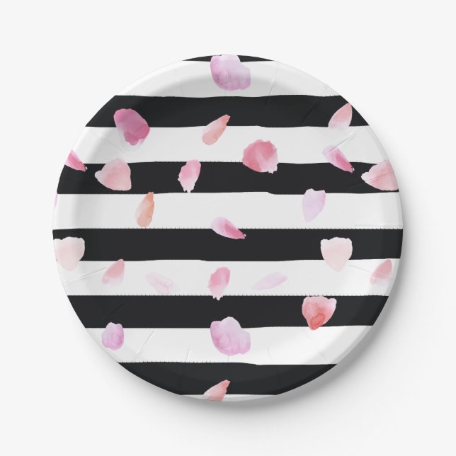 Assiettes En Carton Aquarelle Rose Pétales Bandes noires (Devant)