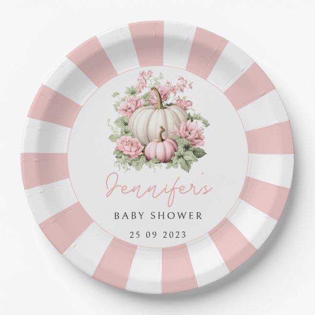 Assiettes En Carton Aquarelle rose petite fille citrouille douche (Devant)