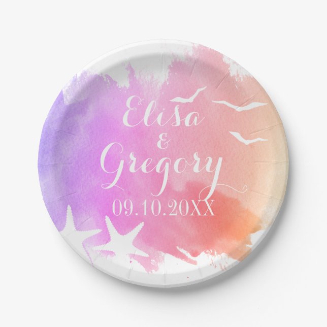 Assiettes En Carton Aquarelle rose, plage d'étoiles de mer mariage été (Devant)