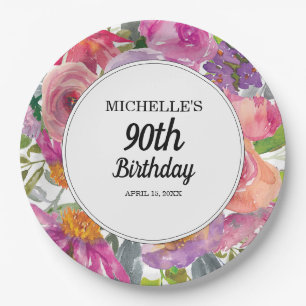 Assiettes En Carton Aquarelle rose pourpre Floral 90e anniversaire